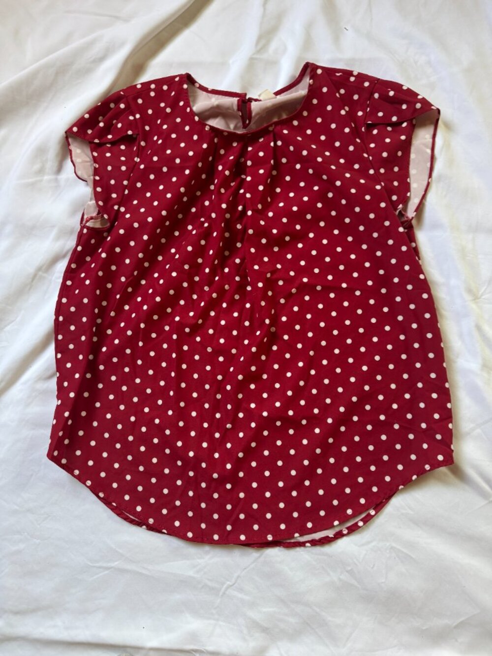 Womens XL Red White Polka Dot Blouse Flutter Sleeve Keyhole Back Top